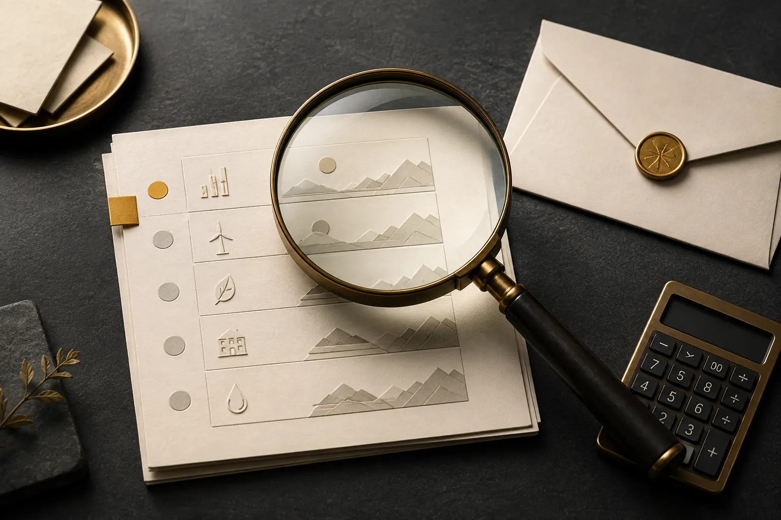 Une loupe examine une liste de projets près d’une enveloppe et d’une calculatrice.
