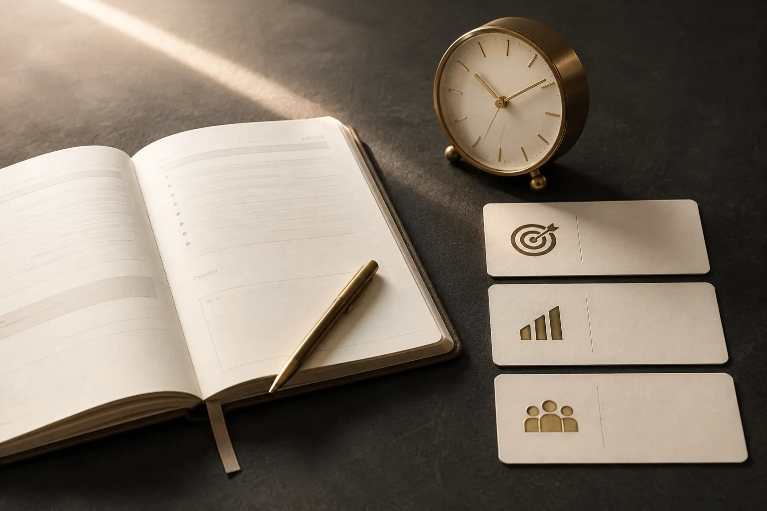 Un carnet ouvert, une horloge et trois cartes représentent les priorités du jour.