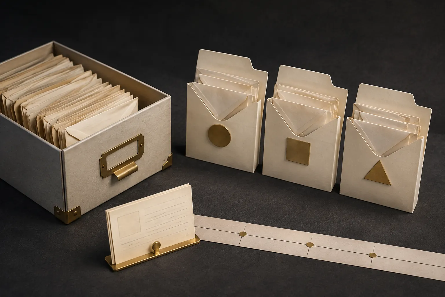 Des enveloppes anciennes sont classées en dossiers, contacts et repères chronologiques.
